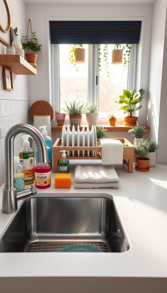 A beautifully organized kitchen sink area that showcases various cleaning supplies neatly arranged in stylish containers, illustrating ideal organization for small spaces. In the foreground, a sleek, modern sink is filled with sparkling clean dishes, alongside vibrant cleaning sprays and eco-friendly sponges. The middle showcases a chic wooden dish rack and a neatly folded dish towel, highlighting cleanliness and order. In the background, soft natural light filters through a window, casting a warm glow on a well-decorated kitchen, adorned with potted herbs and minimalistic decor. The scene gives a cozy, inviting atmosphere, making it perfect for the modern home aesthetic seen on CozyTrendHub, presenting a tranquil yet functional cleaning space.