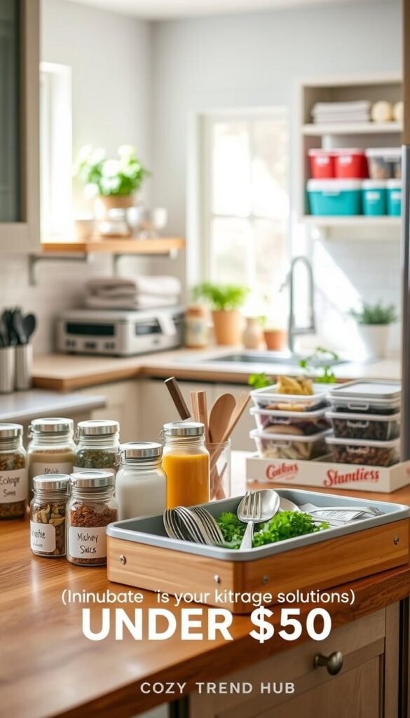 A beautifully organized kitchen space featuring various innovative storage solutions under $50. In the foreground, display a wooden kitchen counter adorned with stylish, labeled jars for spices, a neatly arranged cutlery tray, and stackable storage bins filled with utensils and snacks. In the middle ground, showcase a bright, modern kitchen with open shelves displaying neatly folded kitchen towels and color-coded containers for dry goods. The background includes a well-lit window with natural sunlight streaming in, illuminating fresh herbs in pots. Use a soft focus to create a warm, inviting atmosphere, evoking a Pinterest-style aesthetic. The image reflects a cozy, functional kitchen organization theme, signed by "CozyTrendHub." A beautifully organized kitchen space featuring various innovative storage solutions under $50. In the foreground, display a wooden kitchen counter adorned with stylish, labeled jars for spices, a neatly arranged cutlery tray, and stackable storage bins filled with utensils and snacks. In the middle ground, showcase a bright, modern kitchen with open shelves displaying neatly folded kitchen towels and color-coded containers for dry goods. The background includes a well-lit window with natural sunlight streaming in, illuminating fresh herbs in pots. Use a soft focus to create a warm, inviting atmosphere, evoking a Pinterest-style aesthetic. The image reflects a cozy, functional kitchen organization theme, signed by "CozyTrendHub."