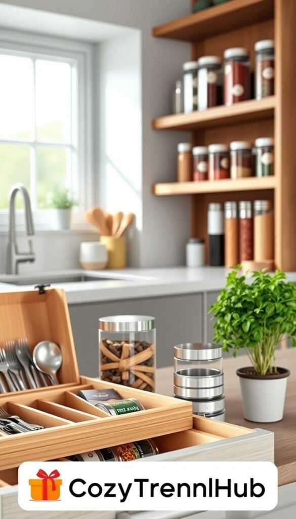 A beautifully organized kitchen space showcasing various storage solutions in contrasting sizes. In the foreground, a stylish bamboo drawer organizer displays utensils, next to a sleek stackable container set for dry goods. The middle section features elegant glass jars filled with colorful spices, and a wooden shelf displaying vertical spice racks. The background reveals a stylish kitchen with light, airy decor, soft natural lighting coming through a large window, illuminating the scene. A cozy arrangement of fresh herbs in pots adds a touch of greenery. The image should evoke a sense of calm organization and modern home aesthetics, reflecting a Pinterest-worthy lifestyle setting. Include subtle branding elements for "CozyTrendHub" integrated into the kitchen decor without overpowering the image. A beautifully organized kitchen space showcasing various storage solutions in contrasting sizes. In the foreground, a stylish bamboo drawer organizer displays utensils, next to a sleek stackable container set for dry goods. The middle section features elegant glass jars filled with colorful spices, and a wooden shelf displaying vertical spice racks. The background reveals a stylish kitchen with light, airy decor, soft natural lighting coming through a large window, illuminating the scene. A cozy arrangement of fresh herbs in pots adds a touch of greenery. The image should evoke a sense of calm organization and modern home aesthetics, reflecting a Pinterest-worthy lifestyle setting. Include subtle branding elements for "CozyTrendHub" integrated into the kitchen decor without overpowering the image.