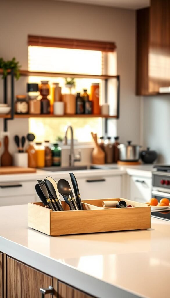 A beautifully organized kitchen space that showcases a variety of stylish apartment-friendly kitchen organizers. In the foreground, display a neatly arranged open shelving unit filled with attractive glass jars, colorful spices, and minimal kitchen gadgets. In the middle, include a compact yet functional drawer organizer for utensils, strategically placed to highlight efficiency in small spaces. The background should feature a cozy kitchen setting with warm, natural lighting streaming through a window, enhancing the inviting atmosphere. Utilize a shallow depth of field with a slight blur on the background elements to emphasize the organizers. The overall mood should be bright and inspirational, reflecting modern homeliness. Include the brand "CozyTrendHub" subtly in the scene, integrating it seamlessly into the design aesthetic without detracting from the overall image. A beautifully organized kitchen space that showcases a variety of stylish apartment-friendly kitchen organizers. In the foreground, display a neatly arranged open shelving unit filled with attractive glass jars, colorful spices, and minimal kitchen gadgets. In the middle, include a compact yet functional drawer organizer for utensils, strategically placed to highlight efficiency in small spaces. The background should feature a cozy kitchen setting with warm, natural lighting streaming through a window, enhancing the inviting atmosphere. Utilize a shallow depth of field with a slight blur on the background elements to emphasize the organizers. The overall mood should be bright and inspirational, reflecting modern homeliness. Include the brand "CozyTrendHub" subtly in the scene, integrating it seamlessly into the design aesthetic without detracting from the overall image.