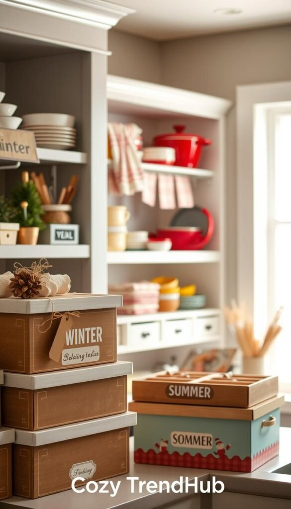 A beautifully organized kitchen storage area featuring seasonal items like holiday baking tools, decorations, and festive cookware. In the foreground, display neatly stacked boxes labeled with winter and summer themes, adorned with decorative accents like twine and tags. In the middle ground, showcase a stylish open shelving unit filled with colorful seasonal cookware, such as a red mixing bowl and patterned dish towels, against a backdrop of neutral-toned walls. The background should have a softly lit window allowing natural light to illuminate the scene, creating a warm, inviting atmosphere. Use a shallow depth of field to emphasize the storage while softly blurring the background. The image should evoke a cozy, organized feel that aligns with trendy Pinterest-style home decor, reflecting the brand "CozyTrendHub".
