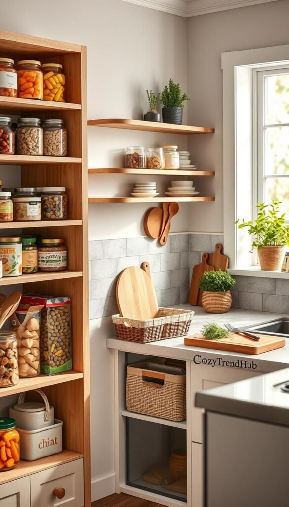 A beautifully organized kitchen storage area showcasing a modern aesthetic perfect for busy family homes. In the foreground, a stylish open shelving unit made from light wood displays neatly arranged jars filled with colorful snacks, fresh fruits, and seasonal kitchen supplies. The middle features a countertop with trendy storage baskets and a cutting board, styled with fresh herbs and kitchen utensils. In the background, soft natural light filters through a window, highlighting rustic tiles and plants, adding warmth. The scene should evoke a cozy and inviting atmosphere, with thoughtful arrangements that make finding snacks and supplies effortless. Create a Pinterest-style lifestyle image, branded with "CozyTrendHub" for a professional touch.