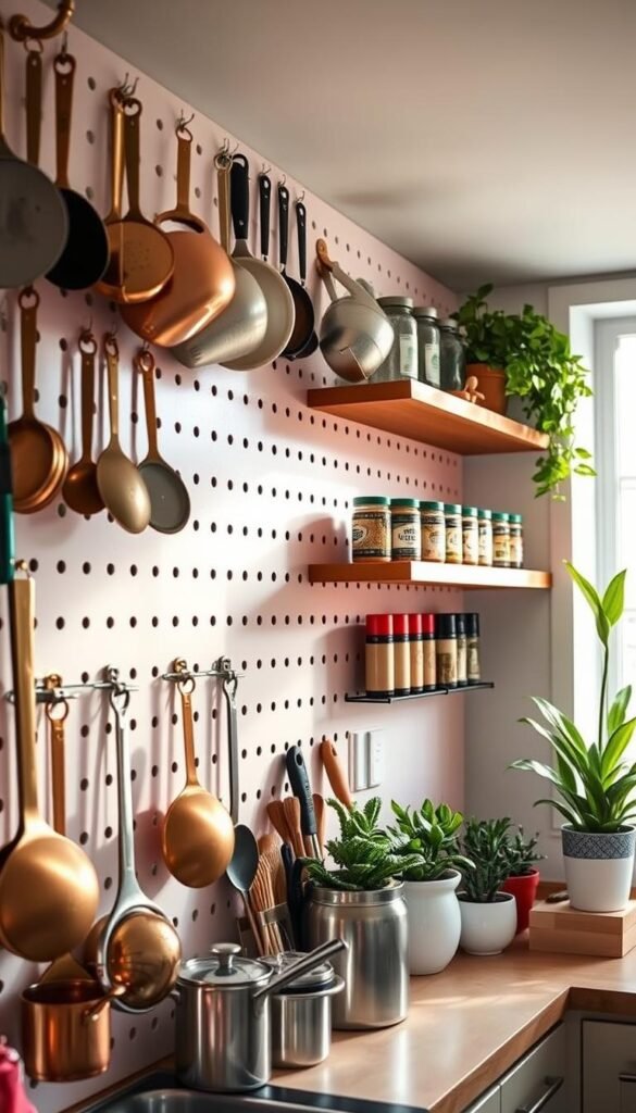 A beautifully organized kitchen wall featuring a pegboard system designed for efficient storage of pots, pans, and utensils. In the foreground, various utensils are neatly hung on brass hooks, alongside copper pots and an assortment of colorful kitchen gadgets. The middle layer showcases a vibrant, functional pegboard painted in a soft pastel, adorned with neatly arranged wooden shelves displaying a row of neatly stacked spice jars. In the background, light floods in from a large window, creating a warm, inviting atmosphere. A cozy kitchen vibe is enhanced by houseplants in ceramic pots. The composition captures a Pinterest-style aesthetic for modern home decor. Lighting is soft and airy, with a slight focus on the pegboard details. Showcase the brand name "CozyTrendHub" subtly integrated into the scene.