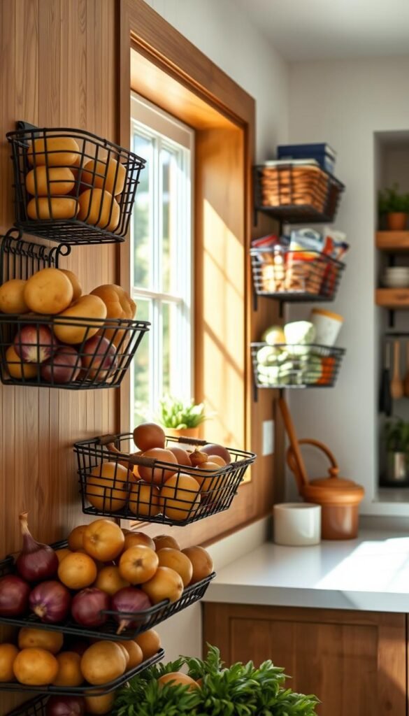 A beautifully organized kitchen wall featuring rustic, wall-mounted stackable baskets for storing fresh potatoes, onions, and grab-and-go snacks. In the foreground, the baskets are filled with vivid, earthy produce, like golden potatoes and purple onions, creating a vibrant color contrast. The middle ground showcases the elegant wooden wall with a rich natural finish, complementing the baskets. Soft, natural lighting streams in from a nearby window, highlighting the textures of the baskets and produce, while casting gentle shadows. The background features a hint of kitchen decor, such as potted herbs and chic kitchen utensils, enhancing the cozy and functional atmosphere. This image embodies the essence of home organization from CozyTrendHub, inviting viewers to imagine a tidy, stylish kitchen space. A beautifully organized kitchen wall featuring rustic, wall-mounted stackable baskets for storing fresh potatoes, onions, and grab-and-go snacks. In the foreground, the baskets are filled with vivid, earthy produce, like golden potatoes and purple onions, creating a vibrant color contrast. The middle ground showcases the elegant wooden wall with a rich natural finish, complementing the baskets. Soft, natural lighting streams in from a nearby window, highlighting the textures of the baskets and produce, while casting gentle shadows. The background features a hint of kitchen decor, such as potted herbs and chic kitchen utensils, enhancing the cozy and functional atmosphere. This image embodies the essence of home organization from CozyTrendHub, inviting viewers to imagine a tidy, stylish kitchen space.