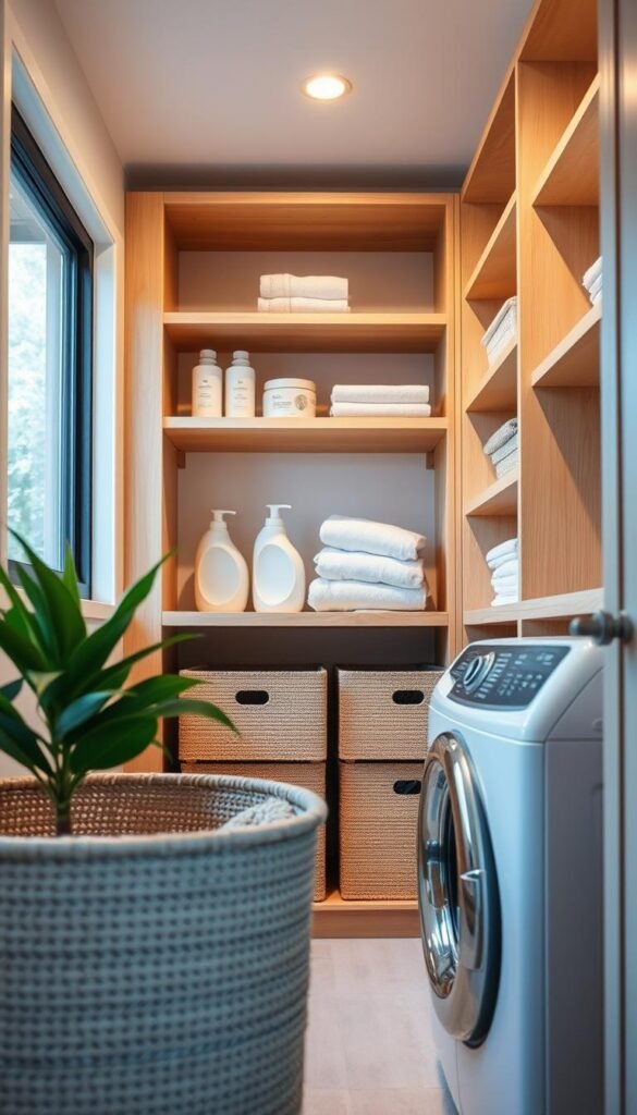 A beautifully organized laundry room showcasing open shelving made from light, natural wood. In the foreground, neatly arranged storage baskets woven from jute hide clutter while offering a stylish touch. The middle section features the open shelves adorned with clean, pastel-colored laundry essentials like detergent bottles and neatly folded towels. Soft, warm lighting floods the space, creating a cozy atmosphere, while a large window in the background allows for natural light to illuminate the room. The scene is captured from a slightly elevated angle using a 35mm lens to add depth, enhancing the inviting and functional feel of this laundry space. The overall mood is fresh and serene, ideal for a modern home decor aesthetic that resonates with CozyTrendHub's style. A beautifully organized laundry room showcasing open shelving made from light, natural wood. In the foreground, neatly arranged storage baskets woven from jute hide clutter while offering a stylish touch. The middle section features the open shelves adorned with clean, pastel-colored laundry essentials like detergent bottles and neatly folded towels. Soft, warm lighting floods the space, creating a cozy atmosphere, while a large window in the background allows for natural light to illuminate the room. The scene is captured from a slightly elevated angle using a 35mm lens to add depth, enhancing the inviting and functional feel of this laundry space. The overall mood is fresh and serene, ideal for a modern home decor aesthetic that resonates with CozyTrendHub's style.