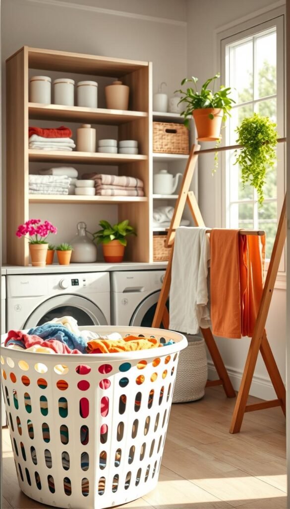 A beautifully organized laundry storage area in a family home, showcasing a modern and inviting design. In the foreground, a stylish white laundry basket filled with colorful clothes. The middle section features open shelving with neatly folded towels and containers, complemented by vibrant potted plants adding a touch of greenery. A rustic wooden drying rack is visible, elegantly holding freshly laundered clothes. In the background, a bright window allows soft natural light to fill the space, creating a warm atmosphere. The overall mood is cozy and practical, designed to encourage family involvement in laundry duties. Shot from a slightly elevated angle, this Pinterest-style image captures the charm and functionality of a well-decorated laundry room. Inspired by CozyTrendHub.