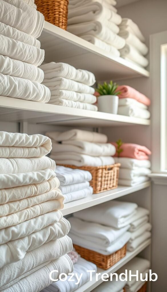 A beautifully organized linen closet shelf brimming with neatly folded towels and linens, showcasing an array of pastel colors. In the foreground, soft, fluffy bath towels are stacked high, separated by stylish linen shelf dividers for a polished look. The middle ground features cozy bath sheets, with decorative baskets storing extra linens and a few small plants for a touch of greenery. The background should have a warm, inviting atmosphere created by soft, diffused natural light coming from a nearby window, enhancing the textures and colors. Use a shallow depth of field to keep the focus on the shelves while softly blurring out any background details, for a Pinterest-style aesthetic that reflects home decor trends. This image represents the essence of organization and style, branded as "CozyTrendHub".