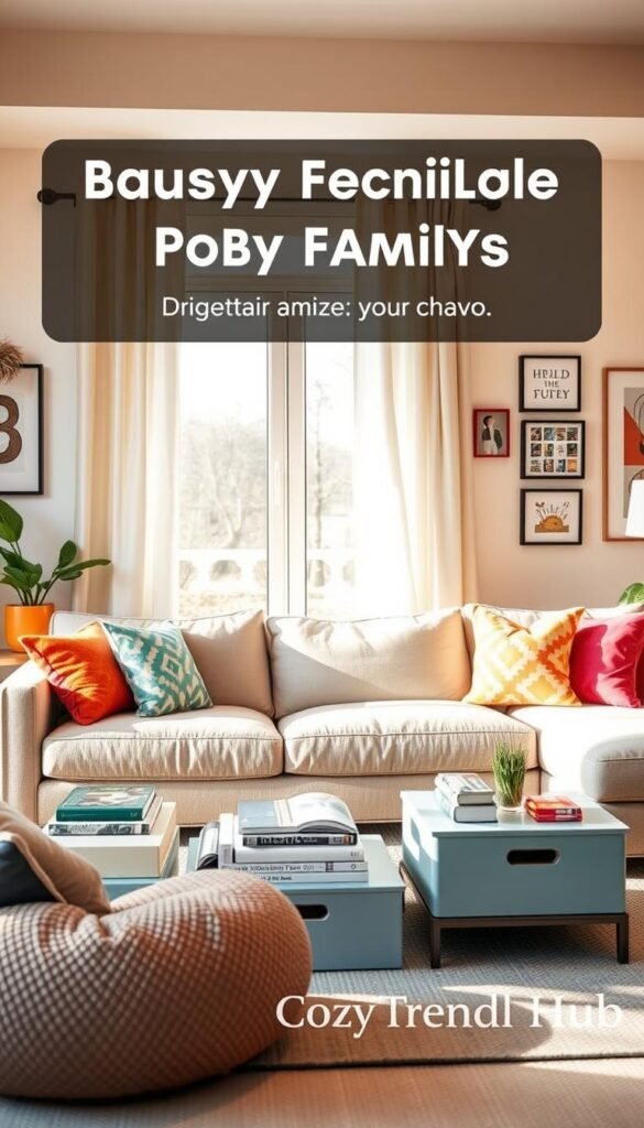 A beautifully organized living room designed for busy families, featuring a cozy sectional sofa with vibrant throw pillows, a stylish coffee table holding family-friendly books and decorative storage boxes. In the foreground, a rug adds warmth, while in the middle, a large, well-lit window lets in natural light, showcasing modern, easy-to-clean curtains. The background features a playful yet tasteful wall art collection that's engaging but not overwhelming. Incorporate subtle greenery with low-maintenance plants to enhance the atmosphere. The scene has a bright and inviting feel, promoting a sense of harmony amid chaos. Capture this cozy family space with warm lighting, in a Pinterest-style aesthetic, emphasizing practical decor options from "CozyTrendHub".