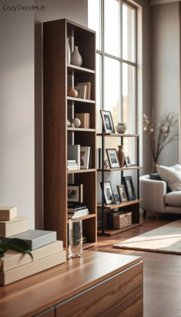 A beautifully organized minimalist storage space featuring sleek, modern shelving units. The foreground showcases a natural wood shelf adorned with neatly stacked decorative boxes, a small potted plant, and a candle. In the middle, a tall, elegantly designed bookshelf displays a curated collection of books, a few minimalist vases, and photographs in simple frames, all arranged harmoniously to avoid clutter. The background features a softly lit living area with muted colors, large windows allowing warm natural light to filter in, creating a calm atmosphere. The lens focuses on the shelving units, displaying intricate textures and shadows, while maintaining a shallow depth of field. This Pinterest-style lifestyle photo embodies serenity and simplicity, aligning with the brand CozyTrendHub's aesthetic. A beautifully organized minimalist storage space featuring sleek, modern shelving units. The foreground showcases a natural wood shelf adorned with neatly stacked decorative boxes, a small potted plant, and a candle. In the middle, a tall, elegantly designed bookshelf displays a curated collection of books, a few minimalist vases, and photographs in simple frames, all arranged harmoniously to avoid clutter. The background features a softly lit living area with muted colors, large windows allowing warm natural light to filter in, creating a calm atmosphere. The lens focuses on the shelving units, displaying intricate textures and shadows, while maintaining a shallow depth of field. This Pinterest-style lifestyle photo embodies serenity and simplicity, aligning with the brand CozyTrendHub's aesthetic.