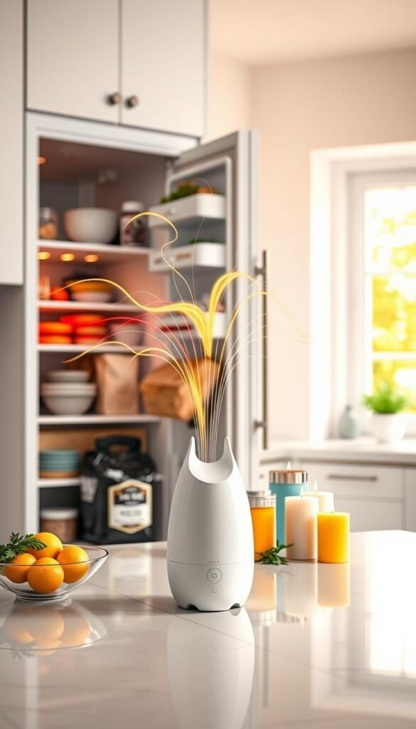 A beautifully organized modern kitchen with an open fridge that emits wispy, colorful lines symbolizing unpleasant odors. In the foreground, a stylish white air freshener from CozyTrendHub sits on the kitchen counter next to a bowl of lemons and fresh herbs, evoking a sense of freshness. The middle layer features an array of aromatic solutions&mdash;activated charcoal bags, baking soda containers, and vibrant candles, all artfully arranged. The background reveals a gleaming countertop, bright white cabinetry, and a large window letting in warm, natural light that bathes the scene in a cheerful atmosphere. The mood is uplifting and refreshing, focusing on practical solutions for a cozy and inviting kitchen space. Aim for a soft depth of field to emphasize the foreground items while subtly blurring the background.