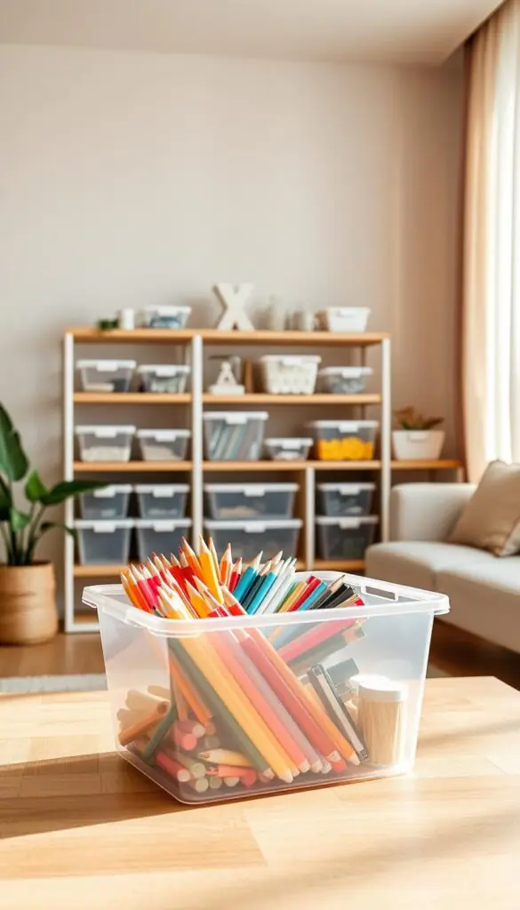 A beautifully organized, modern living space featuring plastic storage solutions from CozyTrendHub. In the foreground, a stylish, clear plastic storage bin filled with colorful, neatly arranged craft supplies sits on a minimalist wooden table. The middle ground showcases a well-organized shelf against a soft, neutral wall, displaying various sizes of practical plastic storage containers, illustrating their versatility for home organization. In the background, a warm, natural light filters in through a large window adorned with sheer curtains, casting a gentle glow that enhances the serene atmosphere. The overall mood is inviting and practical, promoting the idea of a healthy home with thoughtful material choices for 2026. Emphasize the aesthetic appeal of the space with a focus on cleanliness and functionality.