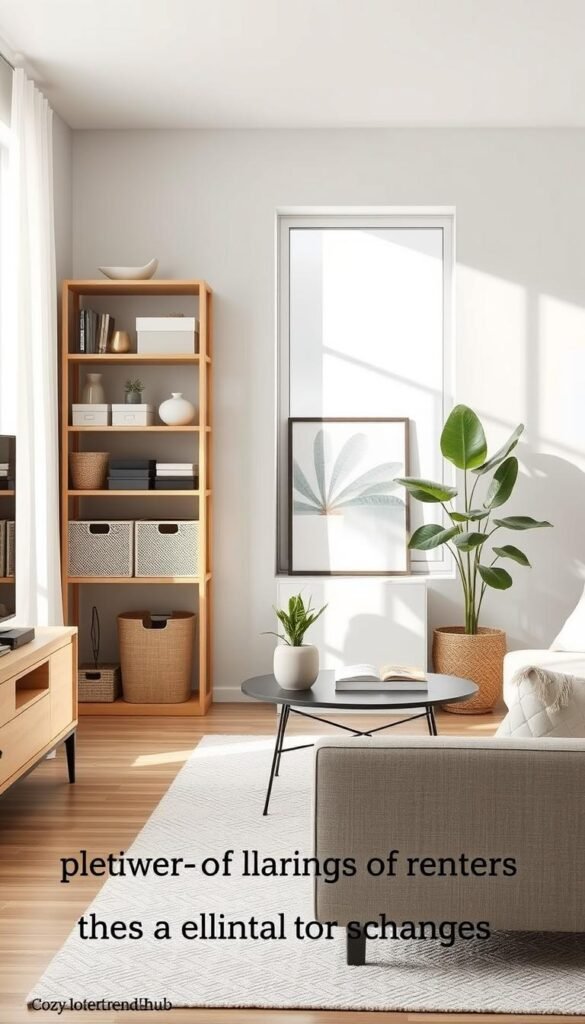 A beautifully organized modern living space, showcasing creative home storage solutions for renters. In the foreground, a stylish open shelving unit filled with neatly arranged bins, boxes, and decorative items, all in neutral tones. In the middle, a cozy seating area with a small coffee table, adorned with a plant and a decorative book, emphasizing functionality without permanent changes. In the background, light streams in through a large window, casting soft shadows and creating a serene atmosphere. The overall mood is peaceful and inviting, capturing the essence of making the most of small spaces. The style should reflect the aesthetic of home decor Pinterest boards, branded subtly with "CozyTrendHub". Soft, natural lighting enhances the warm and organized feel.