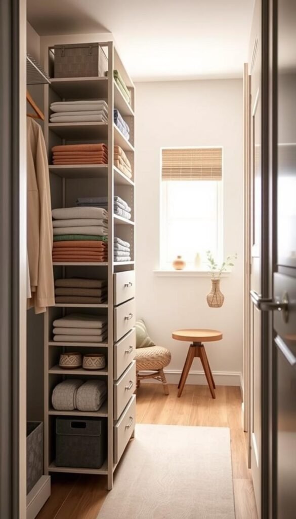 A beautifully organized narrow closet featuring a vertical tower organizer that maximizes space efficiency, ideal for small areas. In the foreground, display a sleek, modern closet tower with multiple shelves and drawers, showcasing neatly folded clothes and accessories. The middle layer highlights the tower's elegant design against light-toned walls adorned with subtle decor elements. In the background, soft daylight streams in through a small window, creating a warm and inviting atmosphere. The scene is styled in a Pinterest-worthy lifestyle aesthetic that resonates with modern home decor trends. Capture the essence of practicality and style that CozyTrendHub embodies, ensuring the image evokes a sense of organized serenity and charm without any text or distractions.