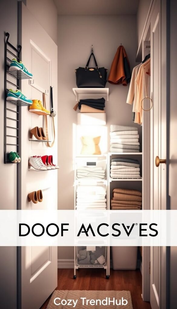 A beautifully organized narrow closet featuring an array of stylish door accessories suitable for renters. In the foreground, showcase an over-the-door shoe rack with a sleek, modern design, filled with colorful sneakers and heels. Include wall-mounted hooks adorned with trendy accessories like bags and hats. In the middle ground, organize neatly folded clothes on stackable shelves and a hanging storage organizer filled with small items. The background should include soft, natural light spilling in through a window, casting gentle shadows that add warmth to the scene. Capture the image from a low angle to emphasize the depth of the closet, creating a cozy, inviting atmosphere reminiscent of a Pinterest-inspired home decor. Brand styling by CozyTrendHub.