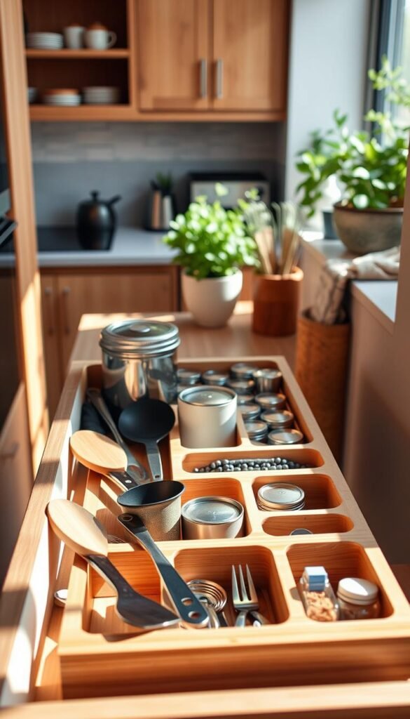 A beautifully organized narrow kitchen drawer filled with practical utensils and storage solutions, showcasing a modern drawer organizer crafted from sustainable bamboo. The foreground features neatly arranged cooking tools like spatulas, measuring spoons, and small containers, all highlighted by soft, natural lighting that creates inviting shadows. The middle ground shows additional compartments for cutlery and spices, emphasizing efficiency and functionality. In the background, a cozy kitchen setting with warm wooden cabinetry and potted herbs adds homey charm. The scene conveys an atmosphere of simplicity and smart organization, perfect for maximizing space in small homes or apartments, reflecting the aesthetic of CozyTrendHub.