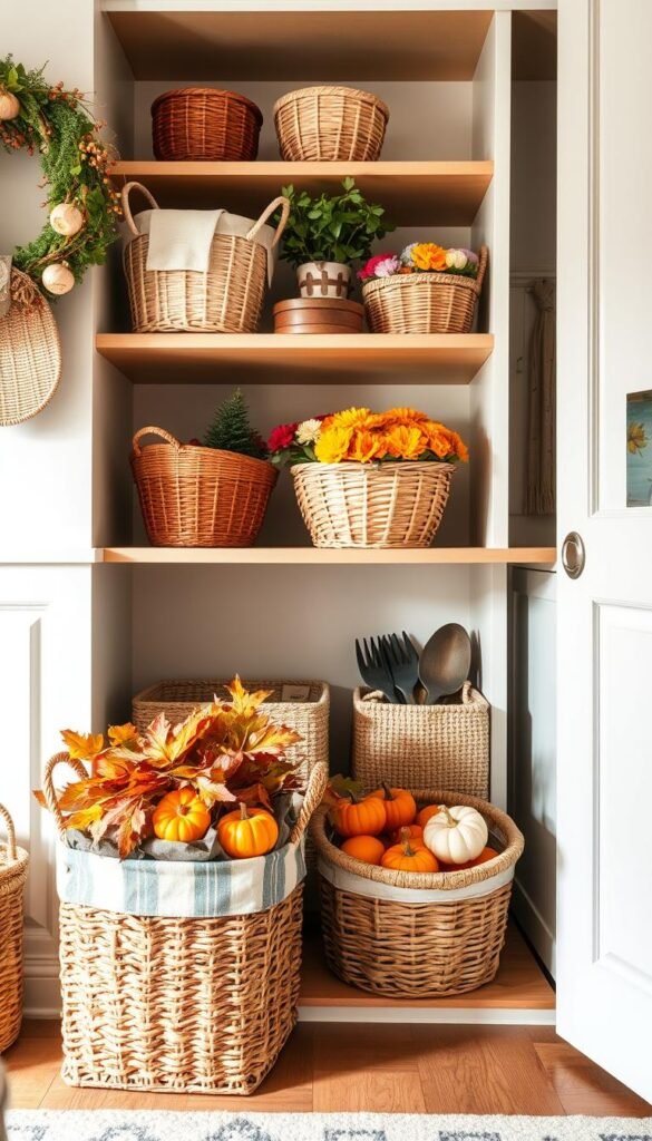 A beautifully organized open shelf featuring seasonal storage baskets in a cozy home setting, styled by CozyTrendHub. In the foreground, a woven rattan basket filled with autumn leaves and mini pumpkins sits next to a fabric storage bin adorned with festive patterns. The middle section showcases a collection of vibrant spring-themed baskets, filled with flowers and gardening tools, neatly arranged on wooden shelves. In the background, a softly lit kitchen with warm, natural lighting creates an inviting atmosphere. The scene captures the essence of year-round organization, with a calm and harmonious color palette of earth tones and pastels. Shot from a slight angle to emphasize depth and texture, this Pinterest-style image exudes a cozy, seasonal charm.