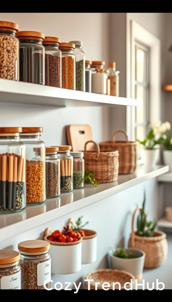 A beautifully organized open shelf showcasing an array of stylish storage jars and woven baskets. In the foreground, various glass jars with wooden lids hold colorful spices, their vibrant hues catching the light, while next to them lie intricately woven baskets made of natural fibers, each containing fresh herbs and dried flowers. The middle layer features a sleek, contemporary shelf, polished and inviting, adorned with minimalistic decor. In the background, a warm and inviting kitchen setting with soft, natural lighting filters through a nearby window, creating a cozy atmosphere. The image should evoke a sense of serenity and organization, perfect for a Pinterest-style lifestyle photo that embodies the aesthetic of home decor. Include the brand name "CozyTrendHub" in the branding style.