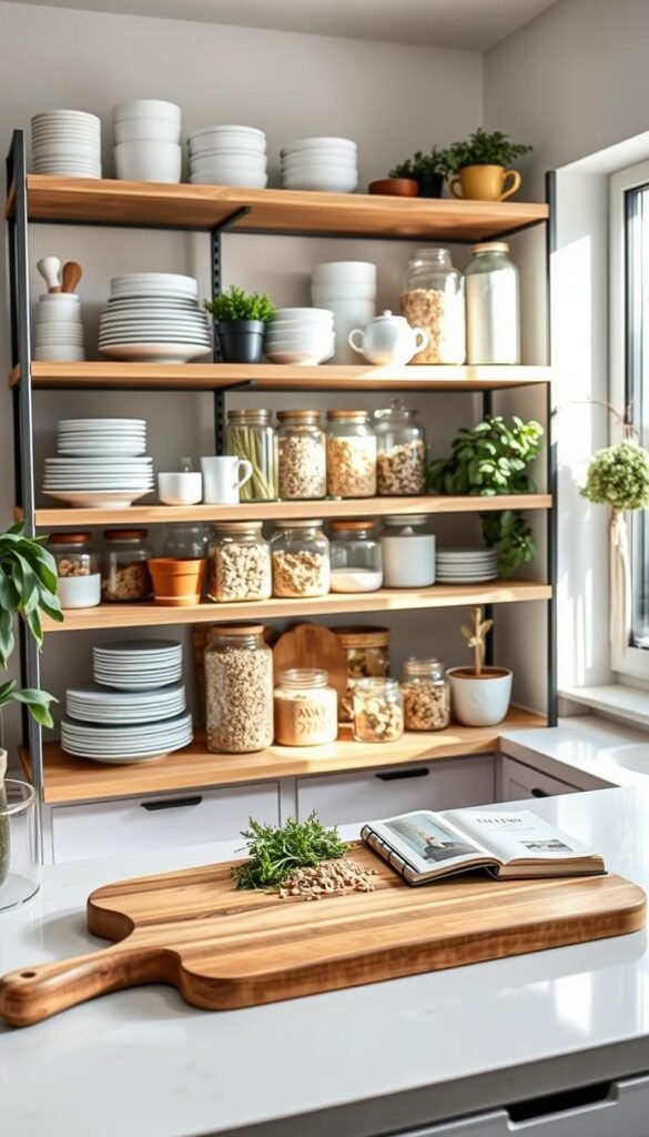A beautifully organized open shelf system in a modern kitchen setting, showcasing an array of aesthetic items like neatly stacked white dinnerware, vibrant glass jars filled with grains, and stylish potted plants for a touch of greenery. In the foreground, a rustic wooden cutting board holds fresh herbs and a small cookbook, while the shelf displays a harmonious mix of colors and textures, emphasizing functionality and style. Soft, natural lighting floods the scene from a nearby window, enhancing the warm tones of the wooden shelves. The background features a sleek kitchen with minimalistic decor. The atmosphere is inviting and inspiring, perfect for a Pinterest-style lifestyle photo, embodying the aesthetic of CozyTrendHub.
