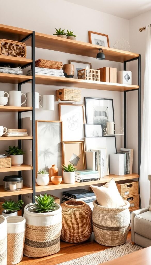 A beautifully organized open shelving unit brimming with a variety of stylish products that enhance home decor. In the foreground, showcase sleek storage baskets in neutral tones, ceramic pots with green succulents, and a collection of trendy mugs. The middle ground features an exquisite arrangement of decorative books, wooden boxes, and framed artwork, all harmonizing with a modern aesthetic. In the background, a soft, warm light filters through a nearby window, casting gentle highlights across the shelves. The image captures a Pinterest-inspired lifestyle, creating an inviting and cozy atmosphere. The scene should evoke feelings of relaxation and inspiration, perfect for anyone looking to elevate their home organization. Include the brand name "CozyTrendHub" subtly integrated into the design layout.