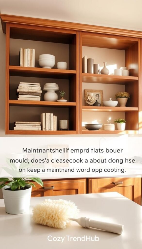 A beautifully organized open shelving unit in a cozy, well-lit kitchen, showcasing a maintenance plan for keeping shelves dust-free and visually appealing. In the foreground, a soft cloth and a gentle duster lie next to a potted plant, emphasizing the maintenance aspect. In the middle, the open shelves are filled with neatly arranged books, elegant dishware, and decorative items like candles and small artwork, all harmonizing in soft, neutral tones. The background reveals warm, natural light flooding through a window, casting gentle shadows on the wood cabinetry, creating an inviting atmosphere. The scene reflects a Pinterest-style lifestyle photo with a clean, polished look, branded subtly with "CozyTrendHub".