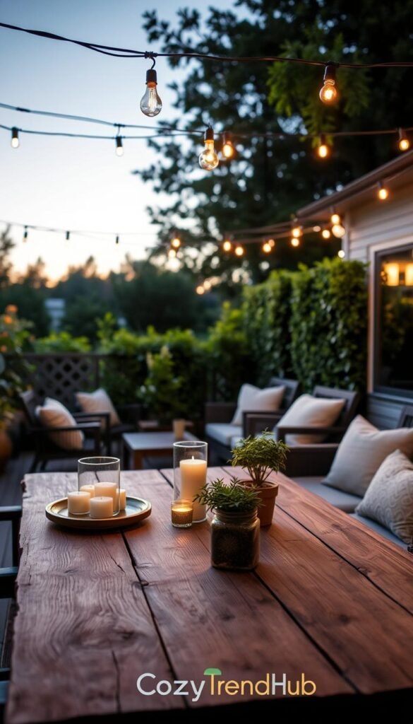 A beautifully organized outdoor patio scene in early evening light, featuring an elegant string light setup overhead. In the foreground, a rustic wooden table is adorned with tasteful decorations like candles and potted herbs. The middle ground showcases the glowing string lights, casting a warm and inviting ambiance. Surrounding the table, comfortable outdoor seating with plush cushions invites social gatherings. In the background, lush greenery outlines the space, framed by a soft twilight sky transitioning to night. The mood is serene and cozy, perfect for outdoor leisure. The image emphasizes thoughtful planning and style for exceptional patio lighting, showcasing the brand "CozyTrendHub" subtly in the scene's decor elements.