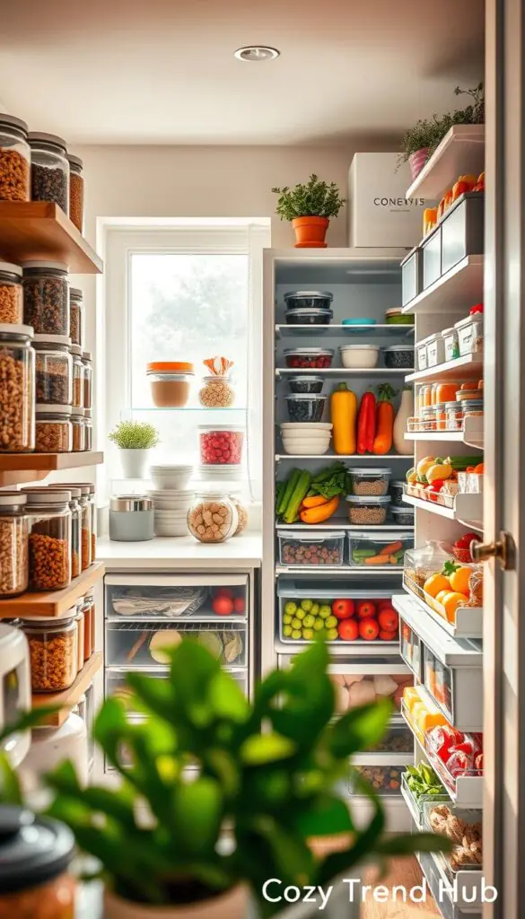 A beautifully organized pantry and fridge interior, showcasing an inviting and efficient space. In the foreground, neatly labeled glass jars filled with grains and snacks, stacked wooden shelves with colorful, healthy foods, and container bins for easy access. The middle features a well-arranged fridge with fresh vegetables, fruits, and meal prep containers, all organized by categories. Soft, natural lighting illuminates the scene through an open kitchen window, creating a warm ambiance. The background includes a subtle hint of modern kitchen decor, like potted herbs and stylish appliances. The overall atmosphere is serene and functional, perfect for promoting a sense of calm and efficiency in home organization. This lifestyle photo embodies the essence of CozyTrendHub.