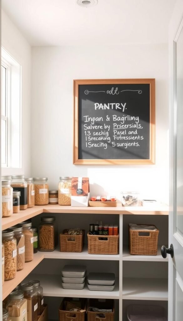 A beautifully organized pantry boasting a variety of storage essentials, arranged in clearly defined zones. In the foreground, neatly labeled glass jars filled with grains, pasta, and spices sit on minimalist wooden shelves. The middle section displays woven baskets containing snacks and baking supplies, while the back wall features a chalkboard for inventory habits, elegantly framed. Soft, natural lighting streams through a nearby window, casting gentle shadows that enhance the cozy atmosphere. The scene embodies a Pinterest-inspired aesthetic with a focus on functionality and style, evoking a sense of calm and order. This organized space reflects the brand "CozyTrendHub," showcasing modern home decor elements harmoniously blending with everyday pantry items.