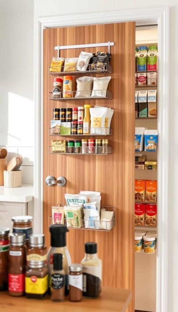 A beautifully organized pantry door featuring over-the-door storage racks designed for spices, packets, and small kitchen items. In the foreground, neatly arranged spice jars with colorful labels, various packet mixes in clear containers, and small kitchen tools. The middle layer includes a sleek, wood-paneled pantry door adorned with hanging metal racks, filled to the brim with an array of organized spices and neatly categorized food packets, all set against a clean, modern kitchen backdrop. The lighting is bright and natural, creating a warm, inviting atmosphere, highlighting the organization and accessibility of the items. The angle captures the door&rsquo;s full height to emphasize the abundance of storage. The aesthetic reflects a trendy, Pinterest-inspired lifestyle, branded with "CozyTrendHub" subtly in the design.