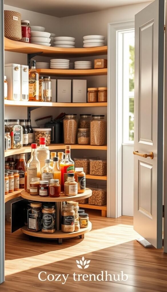 A beautifully organized pantry featuring a stylish corner turntable designed for condiments, filled with various jars and bottles of spices, oils, and sauces. In the foreground, the turntable rotates smoothly, showcasing its functionality. The middle ground highlights the sun-drenched wooden shelves, adorned with minimalist labels, while a variety of ingredients, such as grains and dried herbs, are neatly placed. In the background, soft light filters in through an open pantry door, creating a warm and inviting atmosphere. The overall aesthetic is modern yet cozy, emphasizing a tidy and efficient storage solution. Capture this scene using a shallow depth of field to focus on the turntable, with natural lighting that enhances the textures of the pantry materials. Brand name "CozyTrendHub" subtly integrated into the scene.
