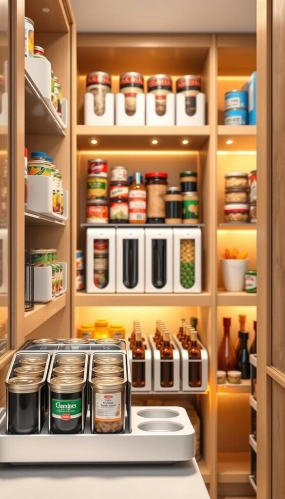 A beautifully organized pantry featuring elegant can and bottle organizers from CozyTrendHub. In the foreground, there are sleek, modern organizers holding various canned goods and bottles, showcasing a variety of colors and labels. The middle ground features neatly arranged shelves filled with these organizers, angled to highlight their functionality and aesthetic appeal. The background includes soft, natural wood cabinetry with warm, inviting lighting that creates a cozy atmosphere, enhancing the vibrant colors of the pantry items. The image is captured at a slightly elevated angle, allowing a clear view of the organization system while maintaining a balanced composition, evoking a sense of order and efficiency in home storage.