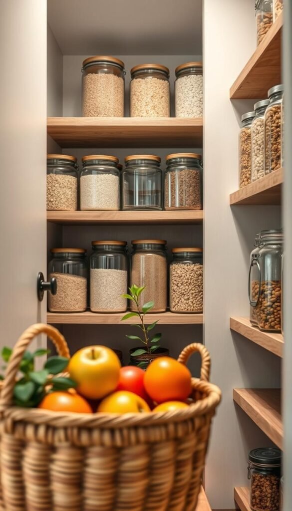 A beautifully organized pantry featuring natural alternatives to plastic containers, showcasing glass jars filled with bulk grains, spices, and legumes on open wooden shelves. In the foreground, a rustic woven basket holds fresh fruits, while a small potted herb sits nearby for a touch of greenery. The middle section displays clear glass canisters, harmoniously arranged, enhancing the aesthetic of sustainable storage. The background subtly reveals soft, warm lighting that illuminates the cozy interior, complemented by wooden accents and soft neutral colors. Capture a Pinterest-style lifestyle image that embodies a minimalist yet inviting atmosphere. The overall mood is serene and inspiring, promoting eco-friendly organization. This scene is designed for CozyTrendHub. A beautifully organized pantry featuring natural alternatives to plastic containers, showcasing glass jars filled with bulk grains, spices, and legumes on open wooden shelves. In the foreground, a rustic woven basket holds fresh fruits, while a small potted herb sits nearby for a touch of greenery. The middle section displays clear glass canisters, harmoniously arranged, enhancing the aesthetic of sustainable storage. The background subtly reveals soft, warm lighting that illuminates the cozy interior, complemented by wooden accents and soft neutral colors. Capture a Pinterest-style lifestyle image that embodies a minimalist yet inviting atmosphere. The overall mood is serene and inspiring, promoting eco-friendly organization. This scene is designed for CozyTrendHub.