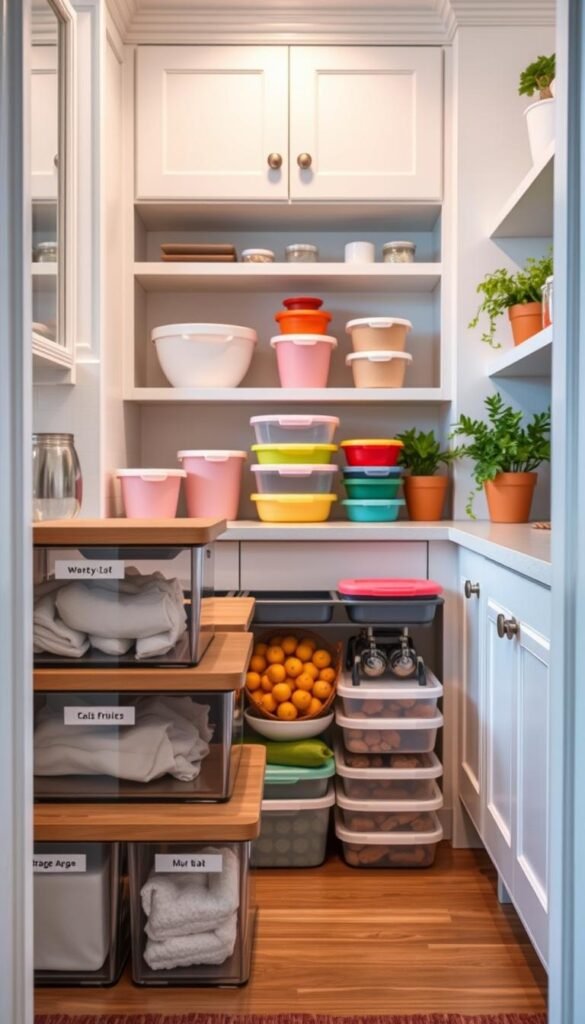 A beautifully organized pantry featuring renter-friendly storage solutions that maximize space without remodeling. In the foreground, display sleek, modern pantry bins made of clear acrylic and bamboo lids, neatly labeled to enhance organization. The middle ground includes colorful stackable storage containers with matching lids, creatively arranged to showcase versatility. In the background, a light-filled kitchen setting enhances the mood, featuring white cabinetry and soft pastel accents, with potted herbs and decorative elements adding warmth. The scene is well-lit to create a bright and inviting atmosphere, emphasizing functionality and style. Capture this in a soft-focus lens with a slightly elevated angle, representative of Pinterest-inspired lifestyle photos. Ideal for CozyTrendHub, embodying current home d&eacute;cor trends while remaining practical and appealing.