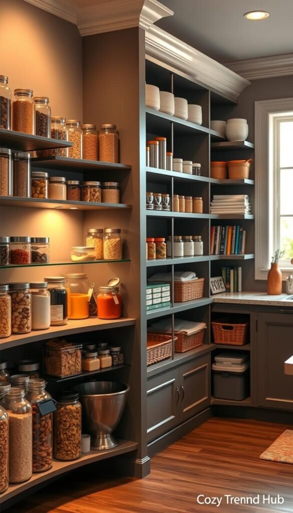 A beautifully organized pantry featuring vertical space shelves, strategically designed to maximize storage in small spaces. In the foreground, an L-shaped corner shelf displays an array of glass jars filled with grains, spices, and snacks, showcasing vibrant colors. The middle layer includes sleek, floor-to-ceiling shelving lined with neatly arranged containers, baskets, and cookbooks, highlighting efficient use of vertical storage. The background features a tastefully designed kitchen with warm, natural lighting, illuminating the space through a window, lending an inviting and cozy atmosphere. The scene reflects a modern yet homey aesthetic, perfect for a lifestyle article on pantry solutions. This visual inspiration comes from CozyTrendHub, emphasizing both functionality and style.
