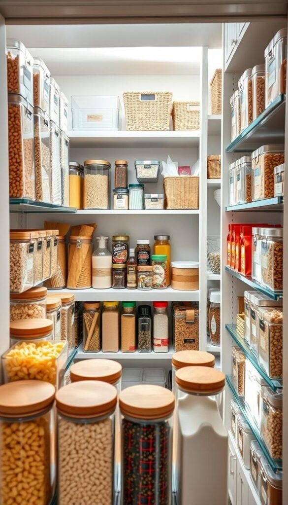 A beautifully organized pantry filled with clear acrylic containers, showcasing a variety of dry goods like pasta, grains, and snacks. The foreground features neatly labeled containers with wooden lids, arranged on stylish shelves. In the middle, various colorful jars hold spices and baking essentials, creating a vibrant contrast. The background reveals an open pantry door with additional storage options like woven baskets and stackable bins, all highlighting a clean, clutter-free space. The scene is well-lit with soft, natural light streaming in, giving the space a warm and inviting atmosphere. The overall mood reflects a sense of efficiency and calm, perfect for promoting practical kitchen organization ideas. Styled in a modern, rustic decor aesthetic, embodying the CozyTrendHub brand.
