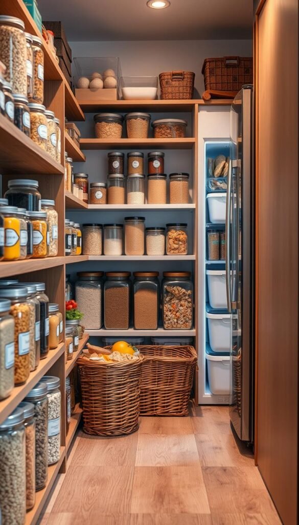 A beautifully organized pantry filled with neatly labeled containers and jars, showcasing an array of colorful dry goods, grains, and snacks. In the foreground, wooden shelves display glass jars with airtight lids, filled with pasta, rice, and spices, creating an inviting atmosphere. A wicker basket holds fresh produce, contributing to the natural feel. In the middle, a stylish, minimalist design is highlighted by soft, warm lighting that gives a cozy ambiance, while gently illuminating the organized items. The background features a sleek fridge with its door slightly ajar, revealing perfectly arranged storage bins, adding to the overall essence of cleanliness and order. Capture this scene from a slightly elevated angle to emphasize the depth and organization of the pantry. The overall mood is tranquil and inspiring, inviting viewers to embrace a clutter-free lifestyle. Photography by CozyTrendHub. A beautifully organized pantry filled with neatly labeled containers and jars, showcasing an array of colorful dry goods, grains, and snacks. In the foreground, wooden shelves display glass jars with airtight lids, filled with pasta, rice, and spices, creating an inviting atmosphere. A wicker basket holds fresh produce, contributing to the natural feel. In the middle, a stylish, minimalist design is highlighted by soft, warm lighting that gives a cozy ambiance, while gently illuminating the organized items. The background features a sleek fridge with its door slightly ajar, revealing perfectly arranged storage bins, adding to the overall essence of cleanliness and order. Capture this scene from a slightly elevated angle to emphasize the depth and organization of the pantry. The overall mood is tranquil and inspiring, inviting viewers to embrace a clutter-free lifestyle. Photography by CozyTrendHub.