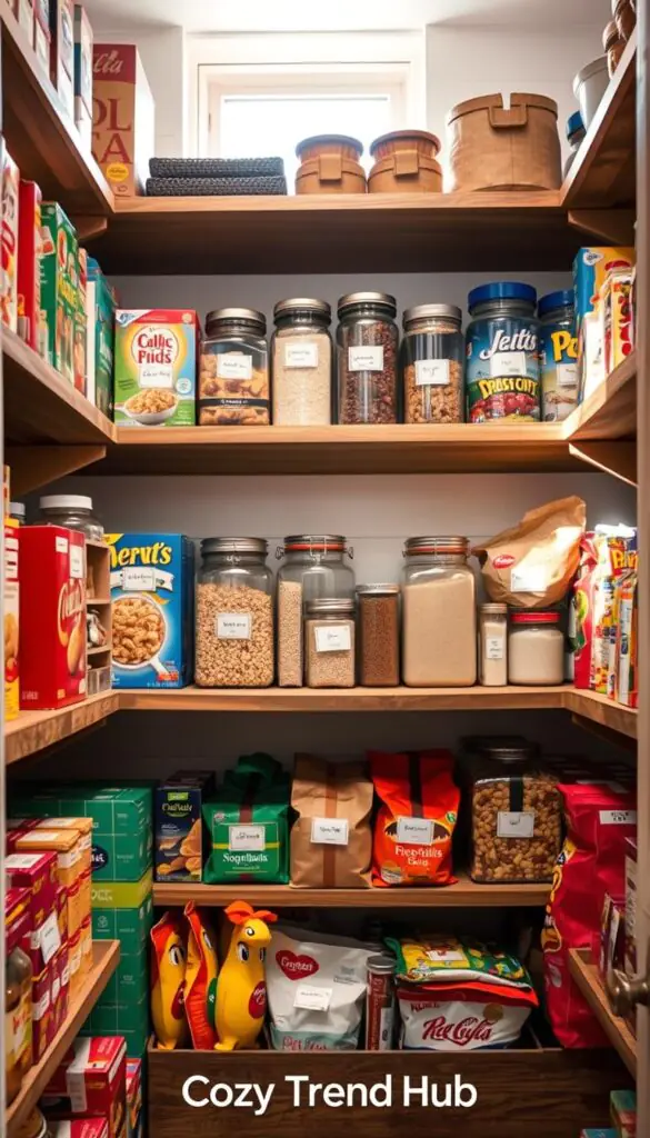 A beautifully organized pantry filled with various food items stored in their original packaging. In the foreground, there are colorful boxes of pasta, cereals, and snacks prominently displayed on wooden shelves. The middle layer features glass jars containing rice, beans, and spices, labeled with simple, elegant tags, enhancing the aesthetic appeal. The background shows soft, natural light streaming through a window, illuminating the scene, creating a warm and inviting atmosphere. The pantry has a cozy, rustic design with open shelves made of reclaimed wood and white shiplap walls, evoking a Pinterest-worthy lifestyle. This image is branded with "CozyTrendHub," capturing the essence of simple yet effective pantry organization.