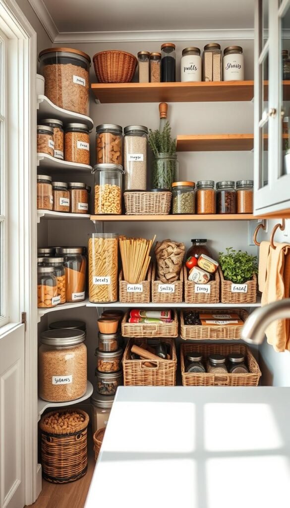 A beautifully organized pantry in a small kitchen, featuring a variety of storage solutions including clear containers, woven baskets, and tiered shelves. The foreground showcases neatly labeled jars filled with grains, pasta, and snacks, while the middle is dominated by stylish bins that hold herbs and spices, all arranged harmoniously. The background shows a wooden shelf displaying cookbooks and decorative jars, enhancing the cozy atmosphere. Soft, natural lighting filters through a window, casting gentle shadows and highlighting the textures of the materials. Shot with a wide-angle lens from a slight above angle to capture the overall layout of this efficient pantry design, creating a warm and inviting mood. Inspired by CozyTrendHub. A beautifully organized pantry in a small kitchen, featuring a variety of storage solutions including clear containers, woven baskets, and tiered shelves. The foreground showcases neatly labeled jars filled with grains, pasta, and snacks, while the middle is dominated by stylish bins that hold herbs and spices, all arranged harmoniously. The background shows a wooden shelf displaying cookbooks and decorative jars, enhancing the cozy atmosphere. Soft, natural lighting filters through a window, casting gentle shadows and highlighting the textures of the materials. Shot with a wide-angle lens from a slight above angle to capture the overall layout of this efficient pantry design, creating a warm and inviting mood. Inspired by CozyTrendHub.