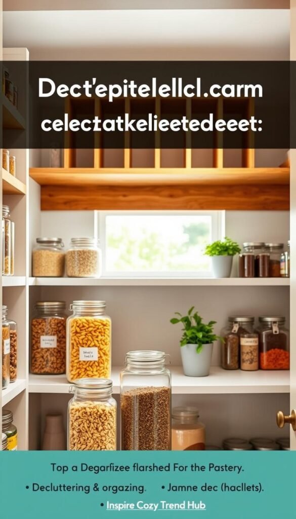 A beautifully organized pantry reset scene, showcasing an open, well-lit pantry with clean, neatly arranged shelves. In the foreground, a few glass jars filled with colorful dried goods like pasta, grains, and spices stand prominently, highlighting a clear labeling system. The middle layer features wooden shelves with dividers for easy access, and a fresh bouquet of herbs in a small pot adds a touch of greenery. In the background, soft, natural light filters through a window, illuminating the space and creating a warm, inviting atmosphere. The mood is serene and refreshing, ideal for inspiring a decluttering and organizing mindset. The image, styled for Pinterest, reflects the aesthetic of CozyTrendHub for home decor inspiration. A beautifully organized pantry reset scene, showcasing an open, well-lit pantry with clean, neatly arranged shelves. In the foreground, a few glass jars filled with colorful dried goods like pasta, grains, and spices stand prominently, highlighting a clear labeling system. The middle layer features wooden shelves with dividers for easy access, and a fresh bouquet of herbs in a small pot adds a touch of greenery. In the background, soft, natural light filters through a window, illuminating the space and creating a warm, inviting atmosphere. The mood is serene and refreshing, ideal for inspiring a decluttering and organizing mindset. The image, styled for Pinterest, reflects the aesthetic of CozyTrendHub for home decor inspiration.