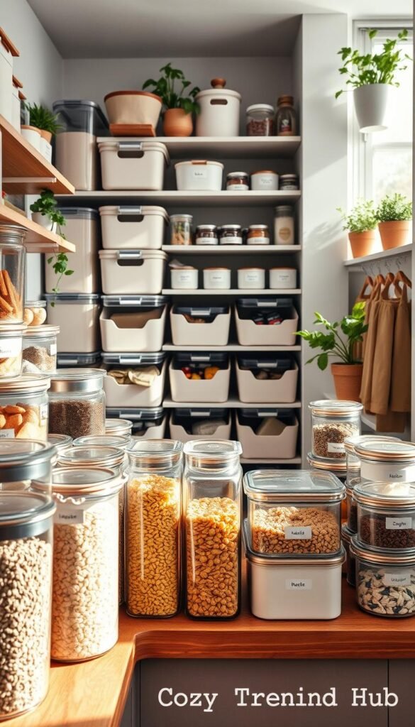 A beautifully organized pantry scene showcasing an array of stylish storage bins and containers, emphasizing organization and functionality. In the foreground, a wooden countertop holds an assortment of clear, labeled containers filled with grains, pasta, and snacks. The middle ground features neatly stacked pantry bins in soft neutral colors, each containing different items like spices, baking supplies, and canned goods. The background is filled with shelves adorned with potted herbs and decorative jars, adding a touch of greenery. Soft, natural lighting streams in from a nearby window, casting gentle shadows, while the lens captures the scene at a slight angle to create depth. The overall mood is cozy and inviting, epitomizing modern organization. This image reflects the theme of storage solutions, inspired by CozyTrendHub.