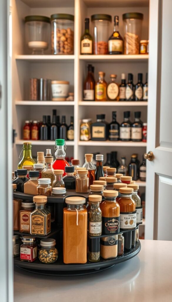A beautifully organized pantry showcasing a Lazy Susan turntable brimming with assorted bottles and jars. In the foreground, the turntable spins elegantly, displaying colorful condiment bottles, herbs, and spices in clear jars with wooden lids. The middle ground features neatly arranged shelves lined with artisanal oils, vinegars, and baking essentials in glass containers, reflecting a modern kitchen aesthetic. The background displays a warm, inviting ambiance with soft, natural lighting streaming in through a window, highlighting a cozy, stylish kitchen decor. The overall mood is functional yet visually appealing, emphasizing clever organization. Ideal for a lifestyle image by CozyTrendHub, captured from a slightly elevated angle to showcase depth and texture, evoking inspiration for home organization. A beautifully organized pantry showcasing a Lazy Susan turntable brimming with assorted bottles and jars. In the foreground, the turntable spins elegantly, displaying colorful condiment bottles, herbs, and spices in clear jars with wooden lids. The middle ground features neatly arranged shelves lined with artisanal oils, vinegars, and baking essentials in glass containers, reflecting a modern kitchen aesthetic. The background displays a warm, inviting ambiance with soft, natural lighting streaming in through a window, highlighting a cozy, stylish kitchen decor. The overall mood is functional yet visually appealing, emphasizing clever organization. Ideal for a lifestyle image by CozyTrendHub, captured from a slightly elevated angle to showcase depth and texture, evoking inspiration for home organization.