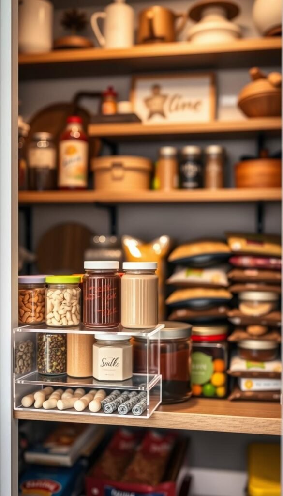 A beautifully organized pantry showcasing a clear acrylic shelf riser by CozyTrendHub. In the foreground, the shelf riser is elegantly positioned, displaying various jars filled with colorful snacks and spices, showcasing their contents in an inviting, clear view. The middle ground features neatly stacked food packages, with the shelf riser doubling the usable space effectively. The background features a softly blurred pantry setting with warm, ambient lighting, highlighting wooden shelves and rustic decor elements. Use a shallow depth of field to focus on the acrylic riser, emphasizing its clarity and practicality. The mood is cozy and organized, perfect for inspiring efficient pantry storage solutions. Aim for a realistic, Pinterest-style lifestyle aesthetic.