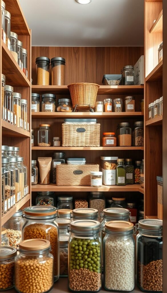 A beautifully organized pantry showcasing a harmonious blend of functionality and style. In the foreground, neatly arranged glass jars filled with colorful grains, spices, and snacks. The middle layer features wooden shelves lined with aesthetically pleasing containers, all labeled for easy access. A stylish, woven basket sits on one shelf, adding a touch of warmth. The background reveals soft, natural light flooding in through a small window, casting gentle shadows and enhancing the rich textures of the wooden shelves. The overall atmosphere is inviting and serene, reflecting the ideal of a well-ordered kitchen space. This Pinterest-style lifestyle image embodies the essence of kitchen organization, perfect for CozyTrendHub. A beautifully organized pantry showcasing a harmonious blend of functionality and style. In the foreground, neatly arranged glass jars filled with colorful grains, spices, and snacks. The middle layer features wooden shelves lined with aesthetically pleasing containers, all labeled for easy access. A stylish, woven basket sits on one shelf, adding a touch of warmth. The background reveals soft, natural light flooding in through a small window, casting gentle shadows and enhancing the rich textures of the wooden shelves. The overall atmosphere is inviting and serene, reflecting the ideal of a well-ordered kitchen space. This Pinterest-style lifestyle image embodies the essence of kitchen organization, perfect for CozyTrendHub.
