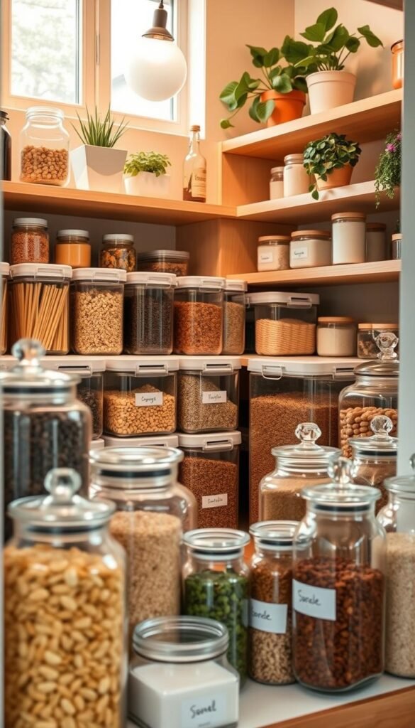 A beautifully organized pantry showcasing a range of glass storage canisters and stackable bins from CozyTrendHub. In the foreground, clear glass jars filled with colorful dry goods, such as pasta, grains, and spices, create an inviting and harmonious look. In the middle, neatly arranged stackable bins display labels for easy identification. Soft, natural lighting floods the scene from a nearby window, highlighting the textures and colors of the ingredients. The background features warm, neutral-toned shelves with a few decorative plants, enhancing the cozy atmosphere. The overall mood exudes tranquility and efficiency, perfect for small space organization tips.