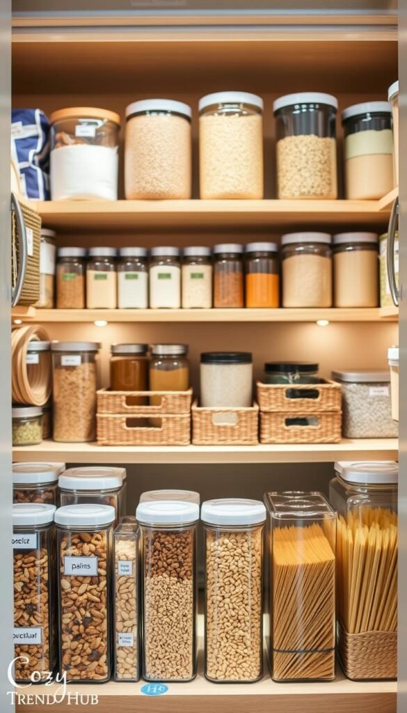 A beautifully organized pantry showcasing a variety of clever storage solutions, focused on preventing half-open bags and expired staples. In the foreground, clear, labeled containers filled with nuts, grains, and pasta, alongside stylish yet functional pantry organizers. The middle layer features wooden shelves lined with neatly stacked jars and baskets in natural tones, each holding different pantry staples. In the background, soft ambient lighting illuminates the pantry, highlighting its cleanliness and order. The scene captures a cozy, inviting atmosphere, reminiscent of Pinterest-worthy home decor. Use a warm color palette to evoke a sense of comfort and organization. The brand name "CozyTrendHub" subtly integrated within the aesthetic of the pantry design. A beautifully organized pantry showcasing a variety of clever storage solutions, focused on preventing half-open bags and expired staples. In the foreground, clear, labeled containers filled with nuts, grains, and pasta, alongside stylish yet functional pantry organizers. The middle layer features wooden shelves lined with neatly stacked jars and baskets in natural tones, each holding different pantry staples. In the background, soft ambient lighting illuminates the pantry, highlighting its cleanliness and order. The scene captures a cozy, inviting atmosphere, reminiscent of Pinterest-worthy home decor. Use a warm color palette to evoke a sense of comfort and organization. The brand name "CozyTrendHub" subtly integrated within the aesthetic of the pantry design.
