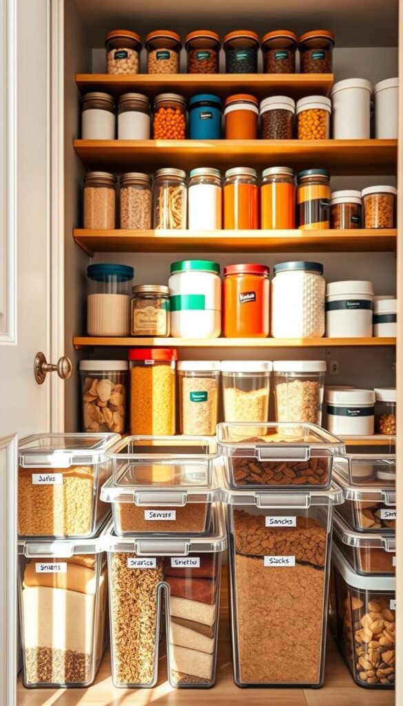 A beautifully organized pantry showcasing a variety of modern pantry organizers from CozyTrendHub. In the foreground, clear plastic bins filled with spices, grains, and snacks are neatly labeled for easy access. The middle showcases a wooden shelf filled with vibrant jars and canisters arranged by size, promoting an uncluttered aesthetic. The background includes a soft-focus view of matching storage containers, creating a harmonious look. Warm, natural lighting illuminates the scene, highlighting textures and colors and giving the image a cozy, inviting atmosphere. The angle is slightly tilted, adding a dynamic perspective to the layout. The overall mood conveys simplicity and efficiency, perfect for a stylish home organization.