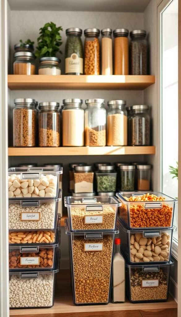 A beautifully organized pantry showcasing a variety of pantry bins and storage containers from CozyTrendHub. In the foreground, focus on clear, stackable bins filled with colorful grains, snacks, and baking supplies, all neatly labeled with elegant tags. The middle ground features wooden shelves displaying glass jars filled with spices and dried herbs, harmoniously arranged. The background includes soft pastel wallpaper, adding a calming ambiance, with natural light streaming in through a nearby window, highlighting the freshness of the ingredients. The scene is styled with a cozy, inviting feel, emphasizing functionality and aesthetics, perfect for everyday grab-and-go organization in a modern kitchen.