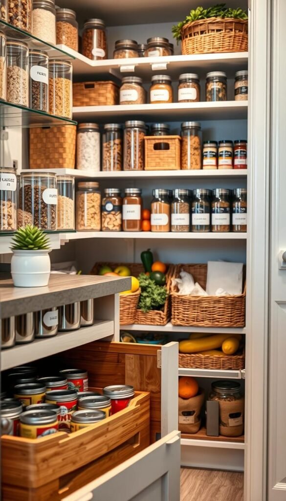 A beautifully organized pantry showcasing a variety of storage solutions, including clear glass jars filled with grains, labeled wooden bins for snacks, and modern tiered shelves for spices. In the foreground, a stylish bamboo pull-out drawer reveals neatly arranged canned goods. The middle ground features a backdrop of vibrant fruit and vegetable baskets, illuminated by soft, warm lighting that enhances the cozy atmosphere. The walls are painted in light pastel colors to evoke a fresh, inviting mood. The shelves are artfully arranged with greenery accents and decorative labels. The scene is photographed with a shallow depth of field, capturing the essence of efficient pantry organization in a refined, Pinterest-style lifestyle. Ideal for CozyTrendHub branding, set in a contemporary kitchen.