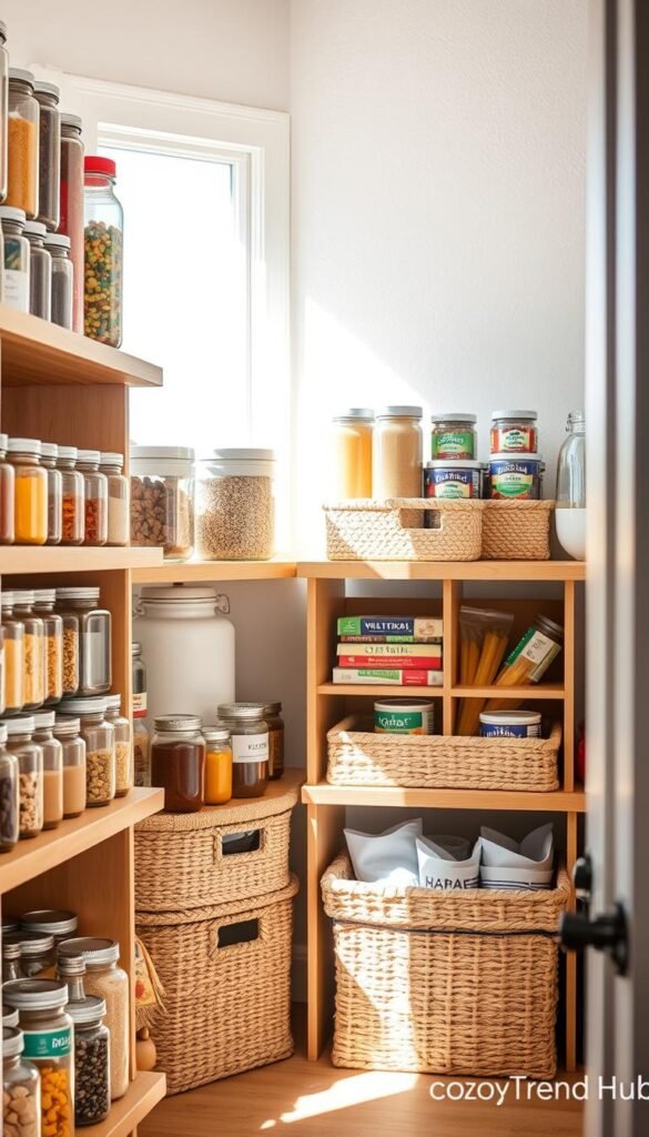 A beautifully organized pantry showcasing a variety of storage solutions. In the foreground, clear glass jars filled with colorful spices, grains, and snacks are neatly arranged on natural wood shelves. The middle section features stackable woven baskets made from sustainable materials, holding an assortment of pantry staples like canned goods and pasta, while wooden dividers create a structured look. The background reveals a soft, neutral-colored wall with subtle textures, giving a warm, inviting feel. The lighting is bright and natural, streaming through a nearby window, creating gentle shadows that enhance the details. The overall mood is cozy and efficient, capturing a Pinterest-style aesthetic. The scene is branded with "CozyTrendHub," reflecting modern home organization trends.
