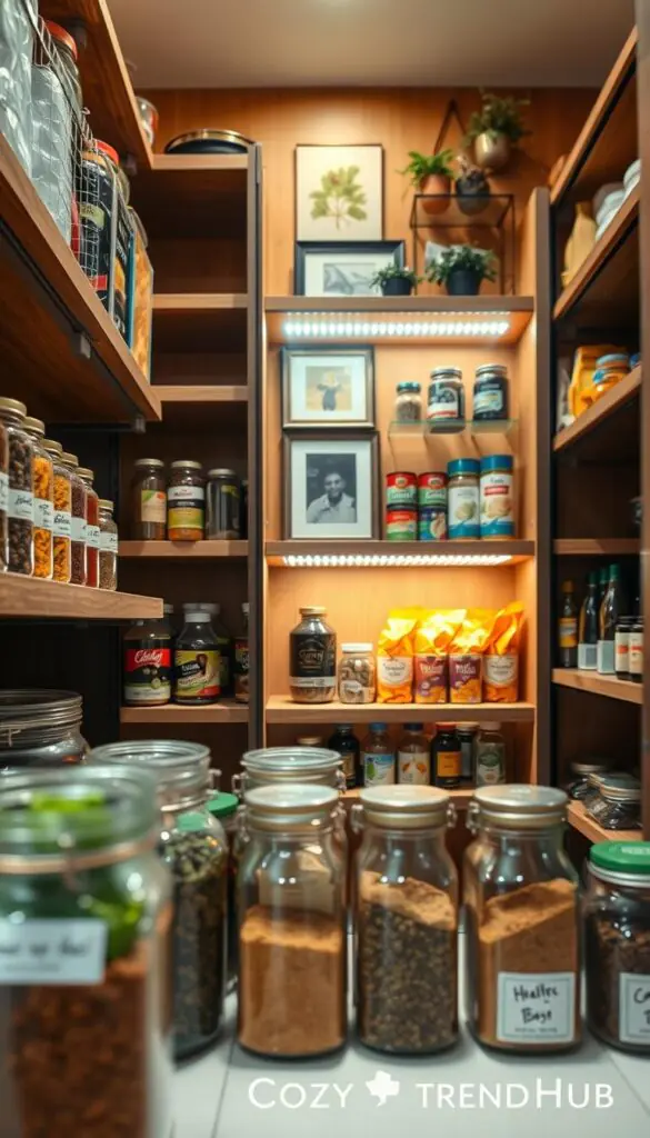 A beautifully organized pantry showcasing modern shelves with an emphasis on lighting and visibility upgrades. In the foreground, there are neatly arranged jars filled with colorful herbs and spices, their labels visible, adding a touch of elegance. The middle layer features wooden shelves with a soft glow of LED lights highlighting the items, such as canned goods and artisanal snacks. The background consists of a warm, inviting wall with subtle decorative elements like potted herbs or framed artwork. The lighting should be bright yet warm, creating a cozy atmosphere. Capture this scene with a soft-focus lens, at an angle that conveys depth and warmth, reminiscent of a Pinterest-style lifestyle photo branded for "CozyTrendHub."