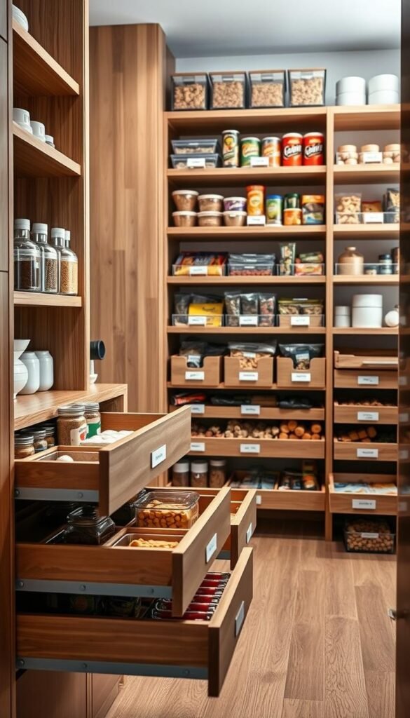 A beautifully organized pantry showcasing sleek pull-out drawers and sliding bins designed for deep shelves. In the foreground, several drawers are open, revealing neatly arranged spices, pasta, and snacks in clear containers, emphasizing a functional kitchen space. The middle ground features additional sliding bins, with labels for easy access, all crafted from wood and metal with a modern finish. The background includes a well-stocked pantry wall, accented by soft, natural lighting that highlights the warm tones of the wood and the vibrant colors of the food items. The atmosphere is inviting and functional, embodying a cozy, stylish kitchen environment. This image reflects the aesthetic of CozyTrendHub, perfect for anyone looking to enhance their pantry organization.